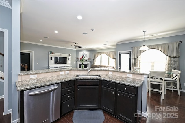 kitchen with ornamental molding, open floor plan, dark wood-type flooring, stainless steel dishwasher, and a sink