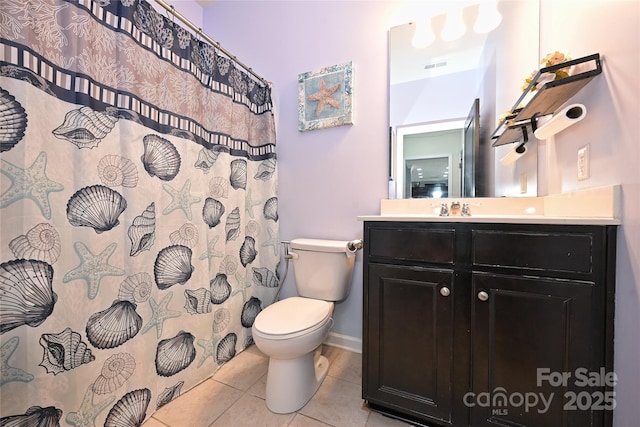 bathroom featuring visible vents, baseboards, toilet, tile patterned flooring, and vanity