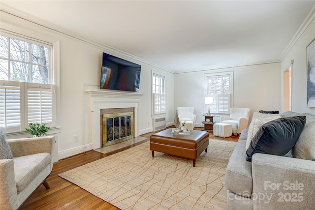 living room featuring ornamental molding and light hardwood / wood-style floors