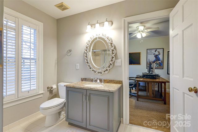 bathroom featuring vanity, a wealth of natural light, toilet, and ceiling fan