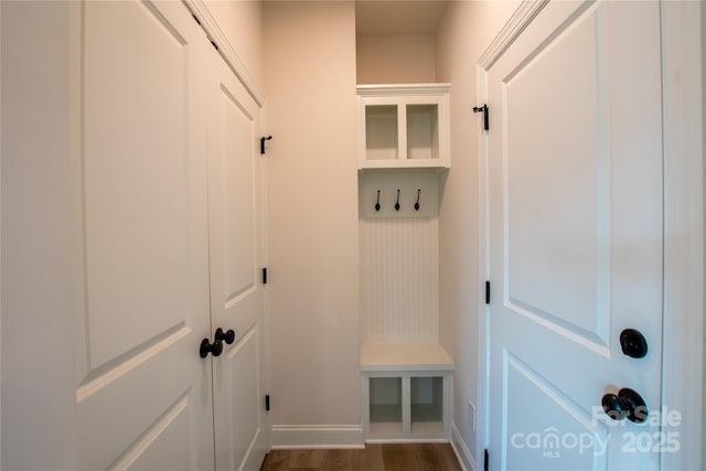 mudroom with dark wood-type flooring