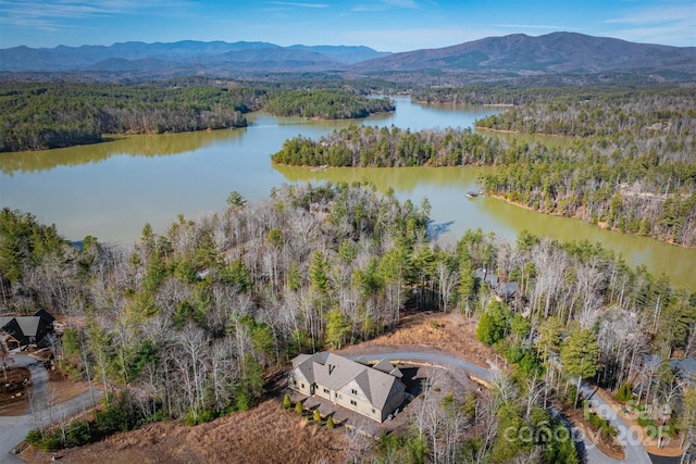 birds eye view of property featuring a water and mountain view