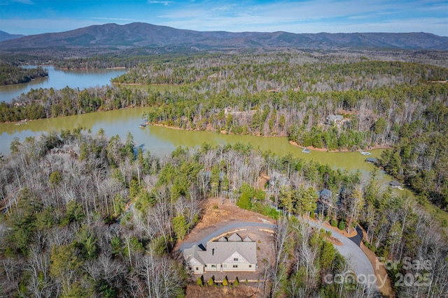 bird's eye view featuring a water and mountain view