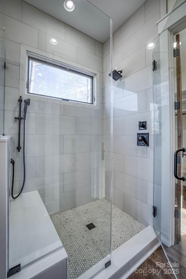 bathroom featuring a wealth of natural light and a shower with shower door