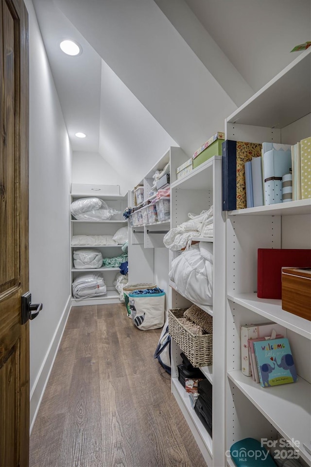 walk in closet with hardwood / wood-style floors