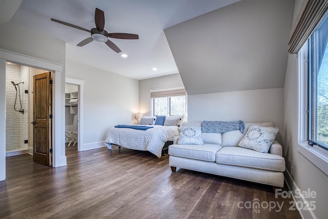 bedroom with a spacious closet, dark wood-type flooring, ceiling fan, and vaulted ceiling