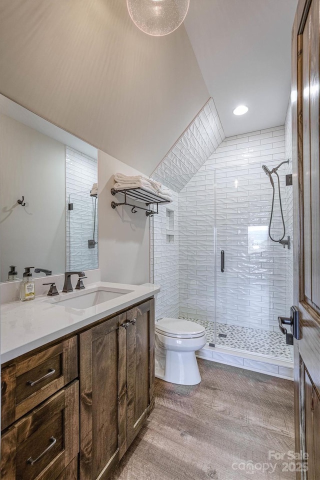 bathroom with vaulted ceiling, vanity, a shower with shower door, and toilet