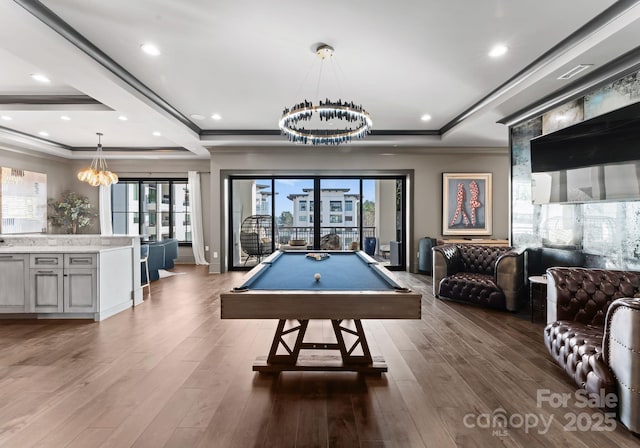 19329 Watermark Dr Unit 551/552, Cornelius, NC 28031 - recreation room featuring billiards, a notable chandelier, a raised ceiling, a wealth of natural light, and hardwood / wood-style flooring