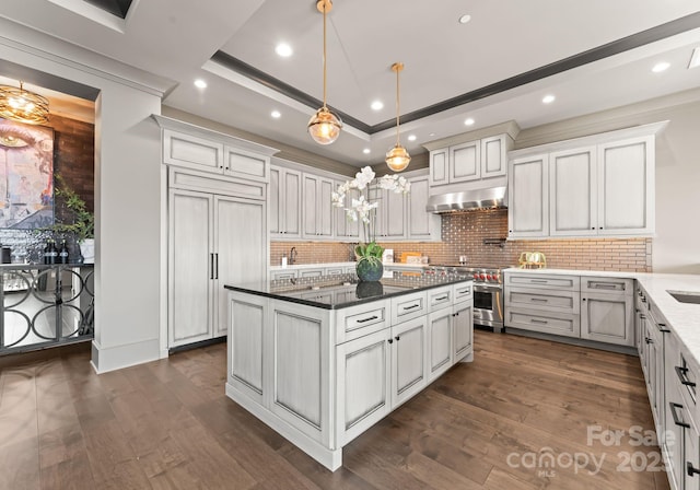 19329 Watermark Dr Unit 551/552, Cornelius, NC 28031 - kitchen with hanging light fixtures, a tray ceiling, dark hardwood / wood-style floors, and a center island