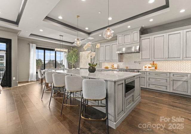 19329 Watermark Dr Unit 551/552, Cornelius, NC 28031 - kitchen with a spacious island, a breakfast bar, decorative light fixtures, a tray ceiling, and stainless steel appliances
