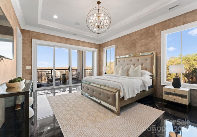 19329 Watermark Dr Unit 551/552, Cornelius, NC 28031 - bedroom with multiple windows, a notable chandelier, access to outside, and a raised ceiling