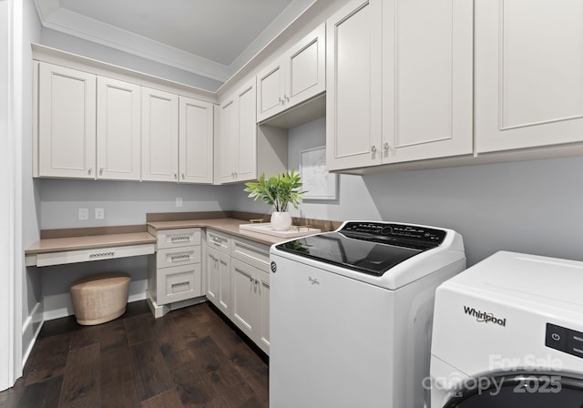 19329 Watermark Dr Unit 551/552, Cornelius, NC 28031 - laundry room with cabinets, crown molding, dark hardwood / wood-style flooring, and washer and clothes dryer