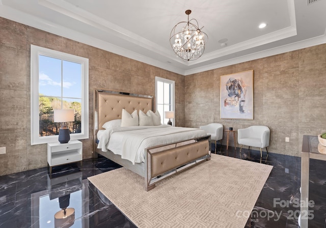 19329 Watermark Dr Unit 551/552, Cornelius, NC 28031 - bedroom with crown molding, a tray ceiling, and a chandelier