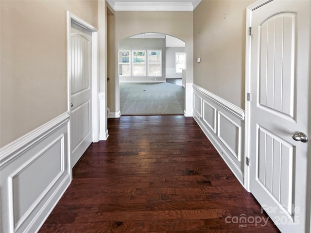 hall featuring crown molding and dark hardwood / wood-style flooring