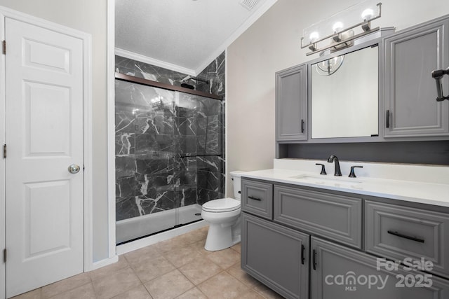 bathroom featuring ornamental molding, toilet, an enclosed shower, and vanity