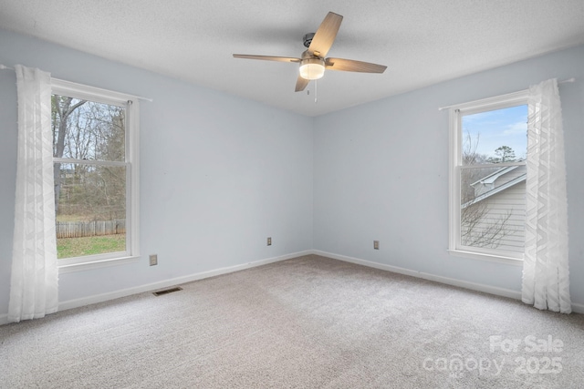 carpeted empty room with ceiling fan, a wealth of natural light, and a textured ceiling