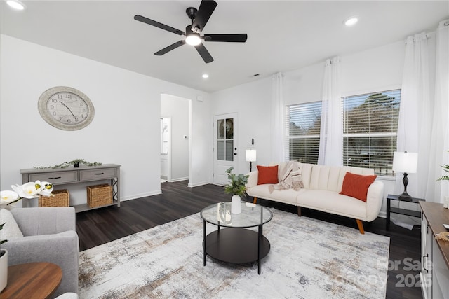 living room featuring ceiling fan and dark hardwood / wood-style floors