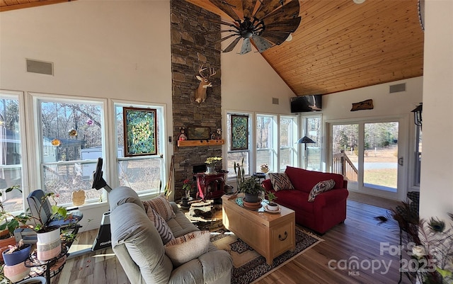660 Scoggins Rd, Rutherfordton, NC 28139 - living area featuring high vaulted ceiling, wood finished floors, wooden ceiling, a stone fireplace, and ceiling fan