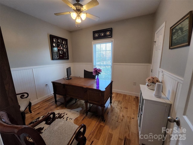 660 Scoggins Rd, Rutherfordton, NC 28139 - office with wainscoting, light wood finished floors, and ceiling fan
