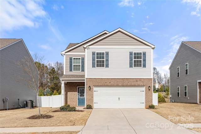 traditional home with central AC unit, a garage, brick siding, fence, and driveway