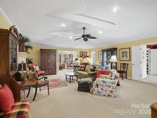 living room with light carpet, wood ceiling, vaulted ceiling, and ornamental molding