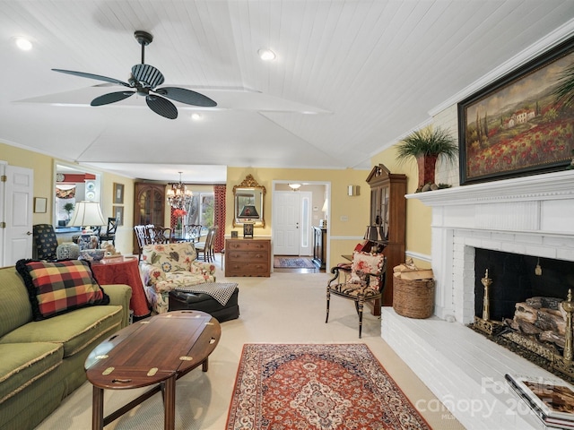 carpeted living room featuring crown molding, vaulted ceiling, wooden ceiling, a fireplace, and ceiling fan with notable chandelier