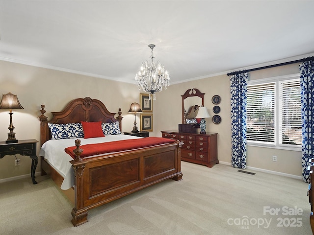 carpeted bedroom featuring ornamental molding and an inviting chandelier