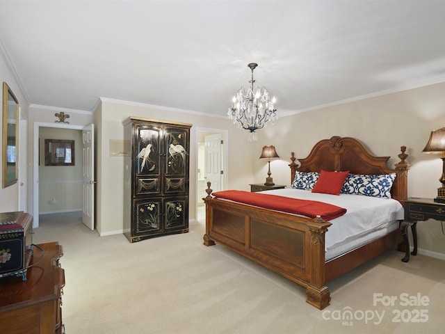 carpeted bedroom featuring ornamental molding and a chandelier