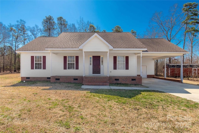 single story home featuring roof with shingles, crawl space, an attached carport, driveway, and a front lawn