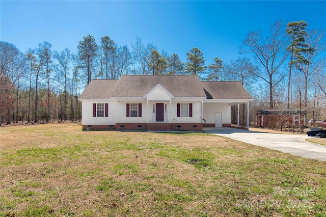 ranch-style home featuring crawl space, a front lawn, concrete driveway, and roof with shingles