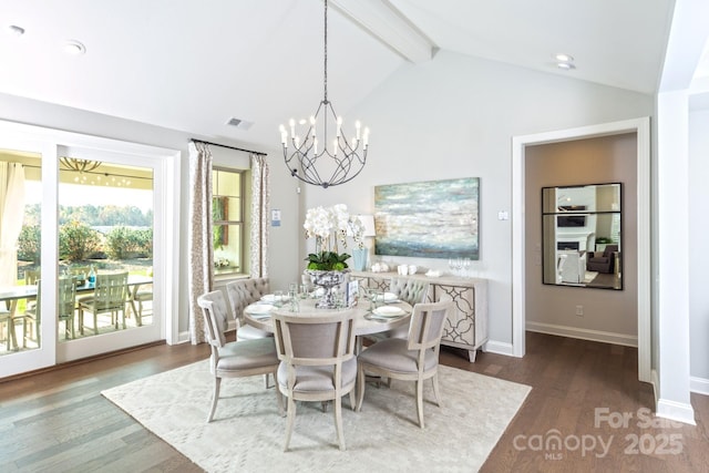 dining room featuring vaulted ceiling with beams, dark hardwood / wood-style floors, and a chandelier