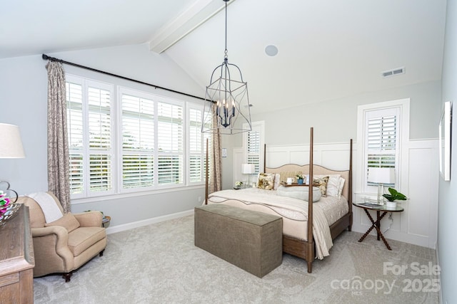 bedroom featuring vaulted ceiling with beams, light carpet, and a notable chandelier