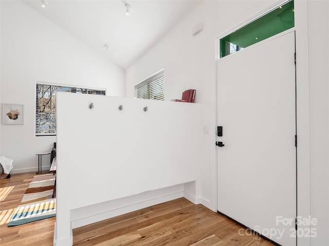 interior space featuring hardwood / wood-style flooring and lofted ceiling