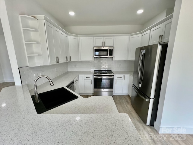 kitchen with sink, white cabinetry, stainless steel appliances, light stone countertops, and backsplash