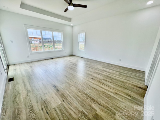 spare room with light hardwood / wood-style floors, a raised ceiling, and ceiling fan