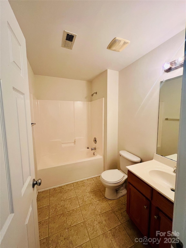 full bath with visible vents, vanity, bathtub / shower combination, and toilet