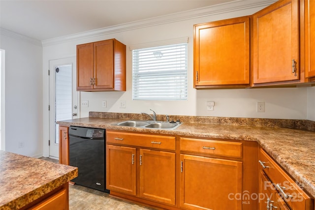 kitchen with sink, crown molding, and black dishwasher