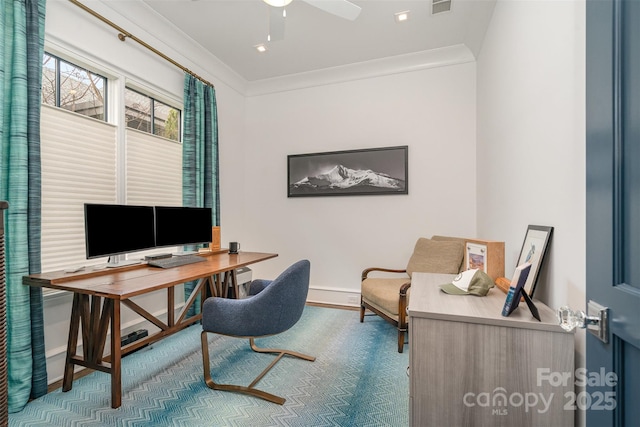 1328 S Kings Dr, Charlotte, NC 28207 - office area with ornamental molding, a ceiling fan, and baseboards