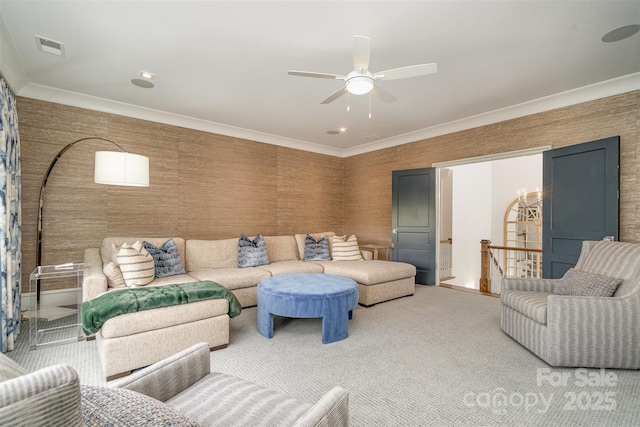 1328 S Kings Dr, Charlotte, NC 28207 - carpeted living area featuring ceiling fan and crown molding
