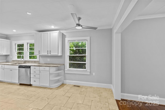 kitchen with white cabinetry, sink, ornamental molding, and stainless steel dishwasher