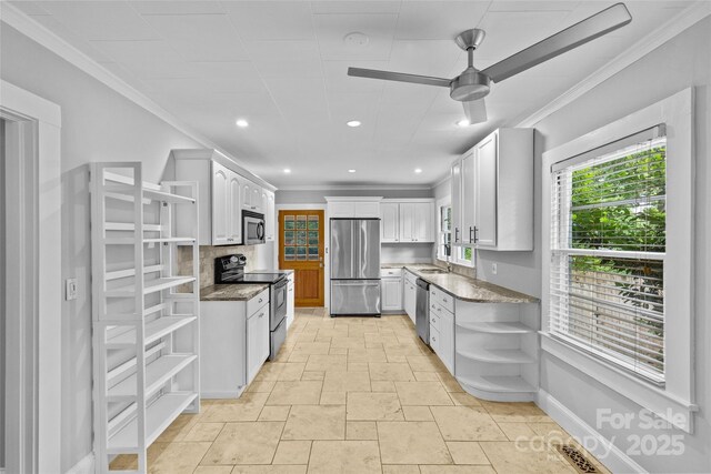 kitchen featuring crown molding, appliances with stainless steel finishes, sink, and white cabinets