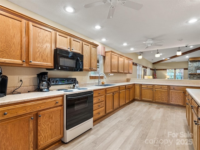 1206 Deermouse Way, Hendersonville, NC 28792 - kitchen featuring lofted ceiling, sink, light wood-type flooring, electric range, and a textured ceiling