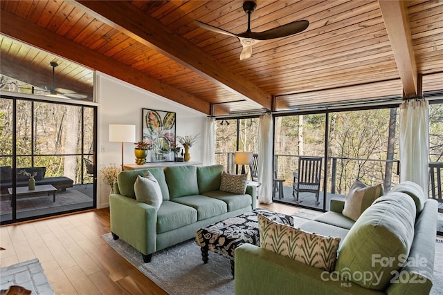 sunroom / solarium featuring wood ceiling, lofted ceiling with beams, and ceiling fan