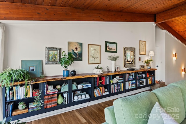 sitting room featuring wood-type flooring, lofted ceiling with beams, and wooden ceiling