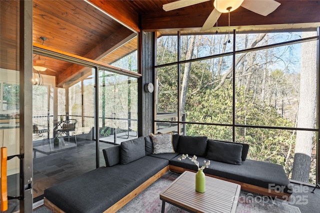 sunroom / solarium featuring vaulted ceiling with beams, ceiling fan, and wooden ceiling