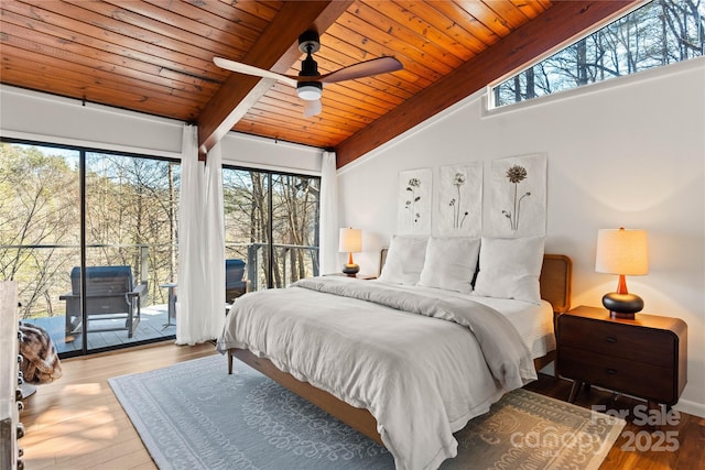 bedroom featuring light hardwood / wood-style flooring, vaulted ceiling with beams, access to outside, and wooden ceiling