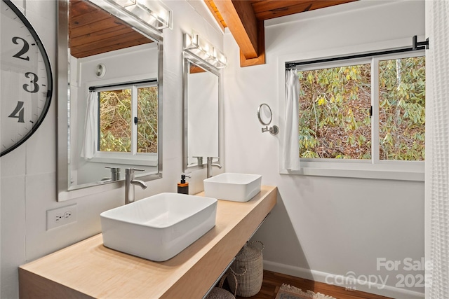 bathroom with vanity and wood-type flooring