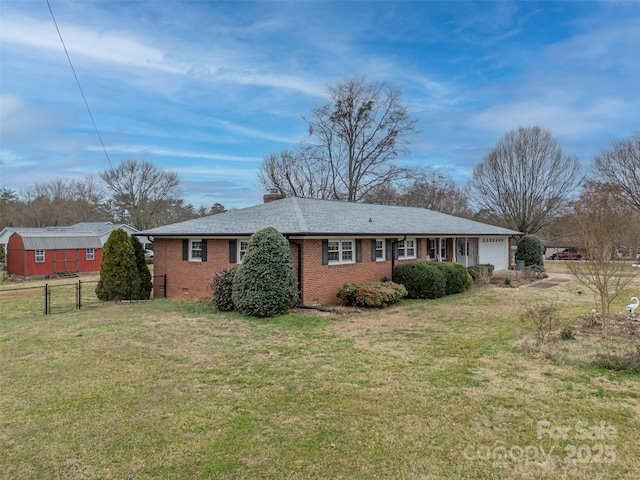 view of property exterior with a garage and a lawn