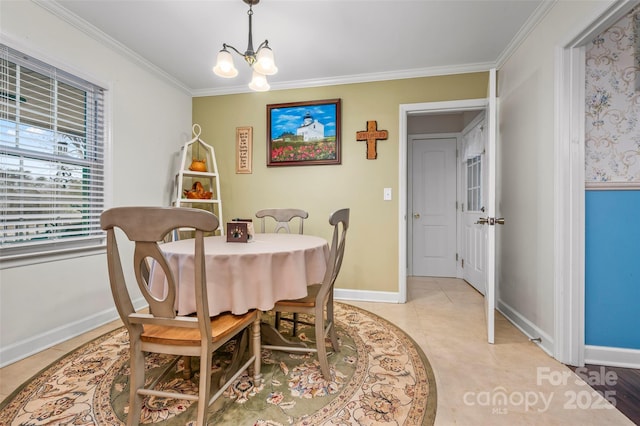 tiled dining room featuring an inviting chandelier and ornamental molding