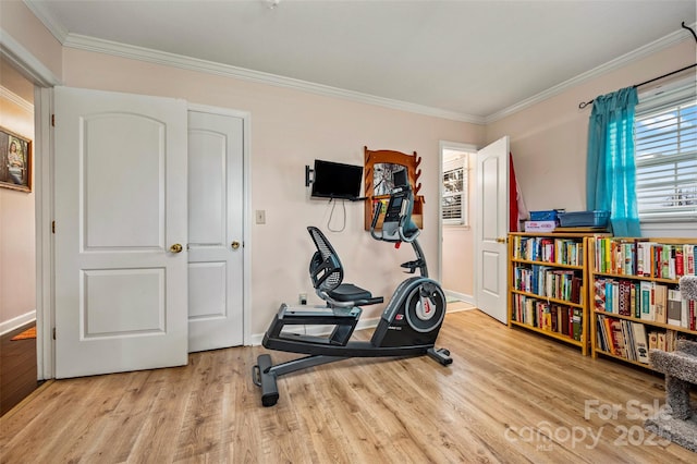 exercise area with crown molding and light wood-type flooring